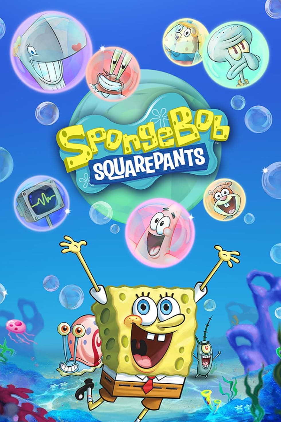 SpongeBob SquarePants happily jumps underwater with arms raised, surrounded by bubbles featuring other main characters from the show. The show's logo is centered above him, perfect for fans streaming on Malta IPTV.