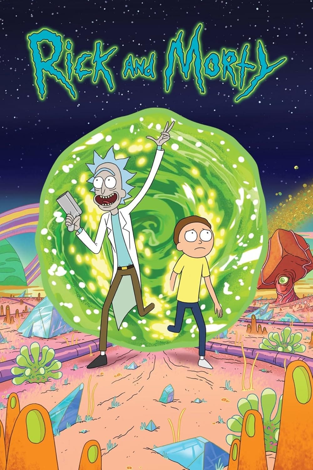 Animated scene featuring two characters, an older man in a lab coat holding a device and a younger boy, standing before a glowing green portal on an alien landscape. The words "Rick and Morty" and "Malta IPTV" appear above them.