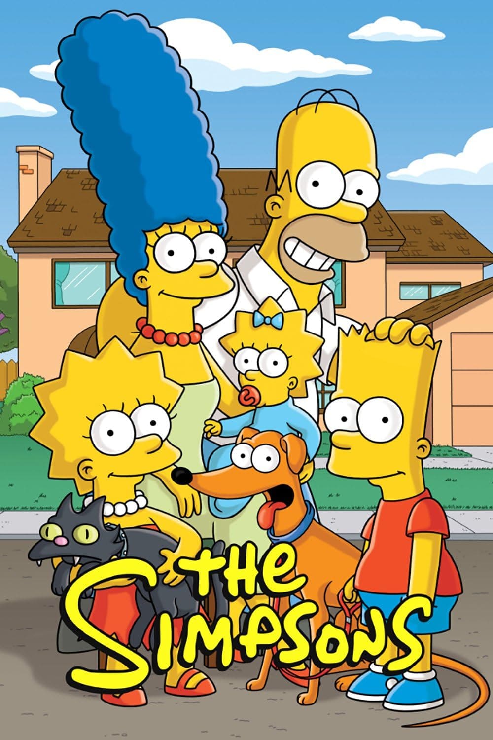 The cartoon Simpsons family—Marge, Homer, Maggie, Lisa (holding a black cat), and Bart (with an orange dog)—stand smiling in front of their house. “The Simpsons” logo is at the bottom, as seen on Malta IPTV.