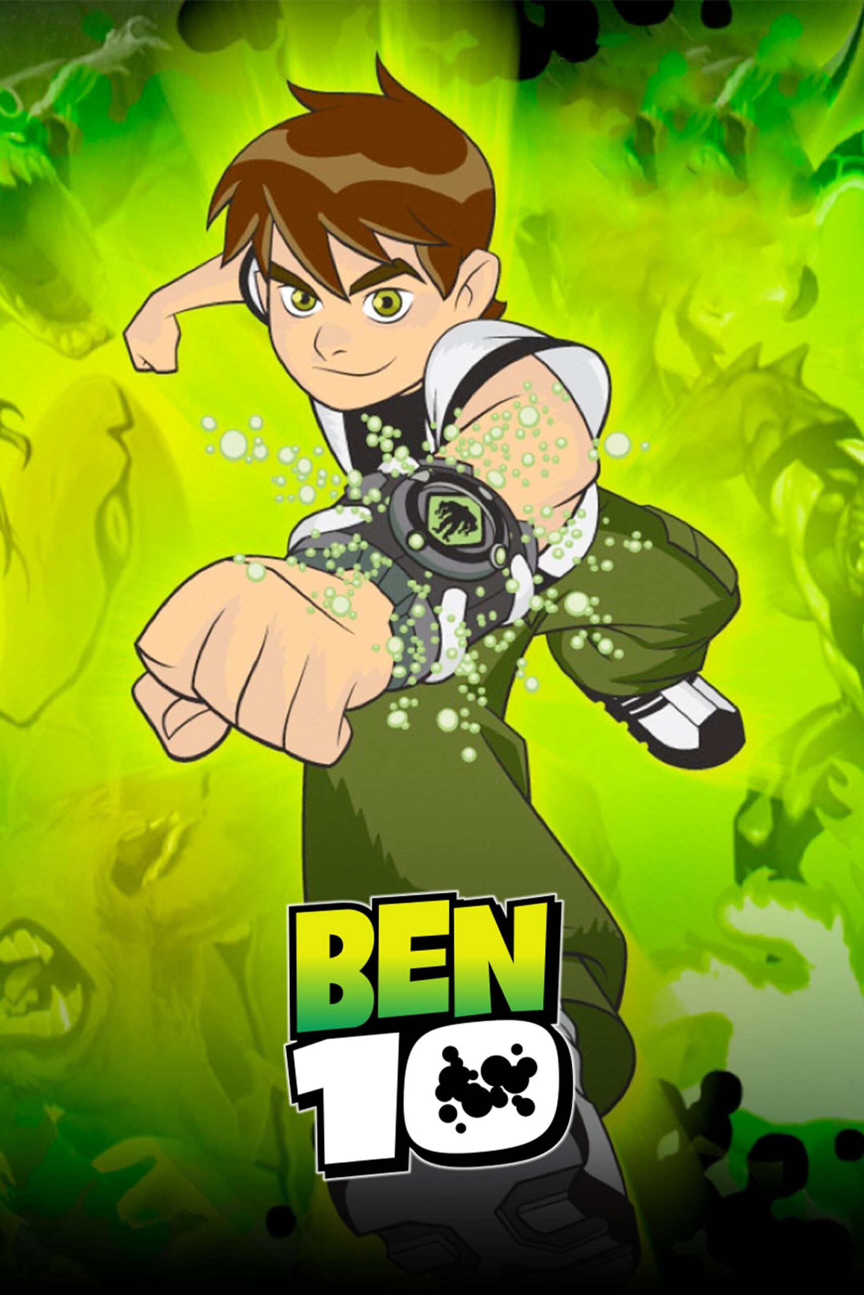 Animated boy wearing a green watch-like device punches forward, surrounded by a green energy effect. The text BEN 10 is at the bottom, with alien creatures faintly visible in the background—perfect for streaming on Malta IPTV.