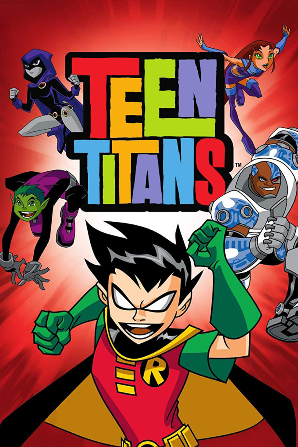 Five animated superheroes—Robin, Starfire, Cyborg, Beast Boy, and Raven—pose in action stances around the colorful Teen Titans logo on a red background with glowing rays, as featured on Malta IPTV.