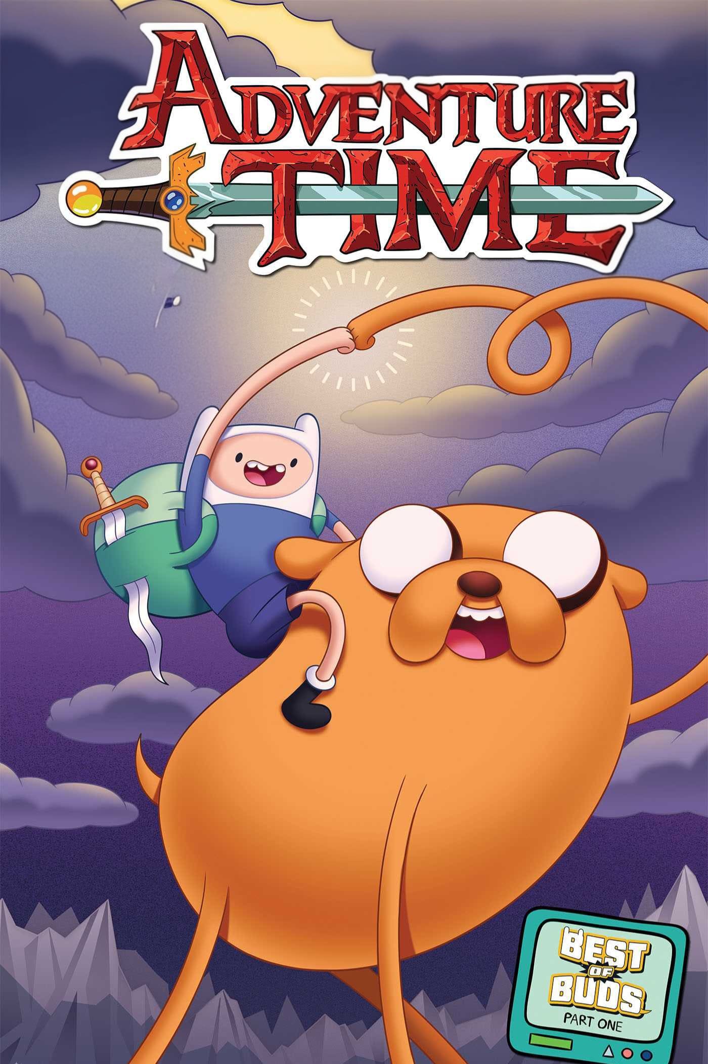 Animated cover art for Adventure Time shows Finn holding a sword and riding on Jake, who stretches his arm. Mountains and cloudy skies are in the background. A Malta IPTV label reads Best Buds Part One in the corner.