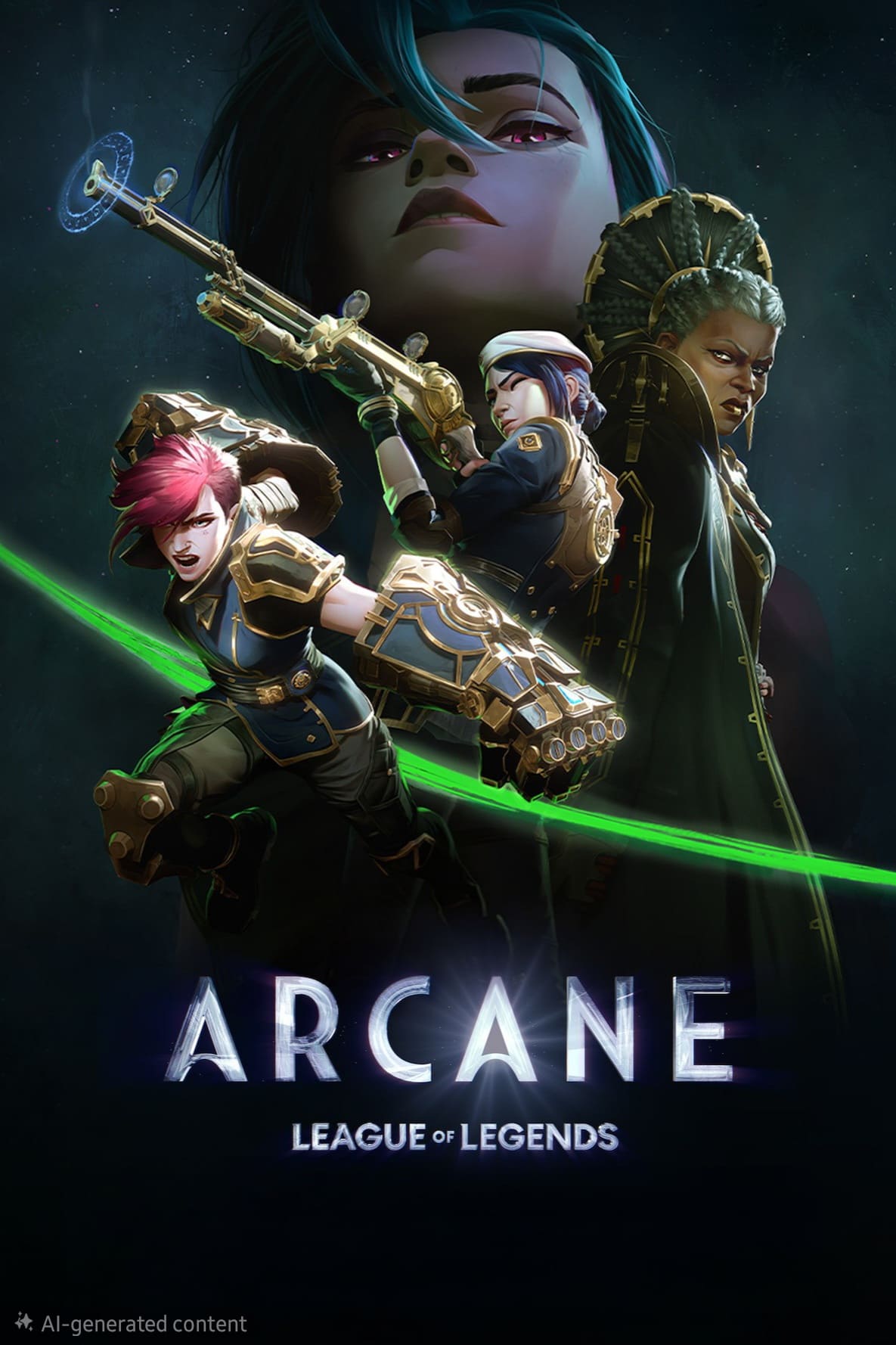 Poster for Arcane: League of Legends featuring three main characters in dynamic poses with futuristic weapons, a large face in the background, and the title at the bottom. Perfect for fans streaming on Malta IPTV.