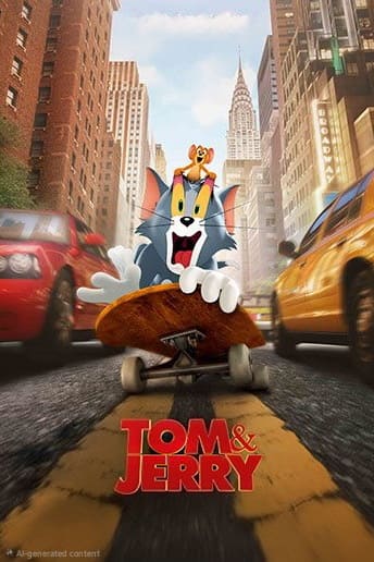 Tom, a cartoon cat, rides a skateboard down a city street with Malta IPTV playing on screens in tall buildings and yellow taxis. Jerry, a cartoon mouse, sits on Tom's head. The Tom & Jerry logo is at the bottom.
