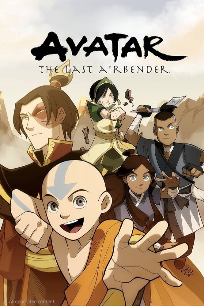 Five animated characters from Avatar: The Last Airbender pose heroically; Aang leads, with Zuko, Toph, Katara, and Sokka behind him against a mountainous background. The show title is above them, as featured on Malta IPTV.