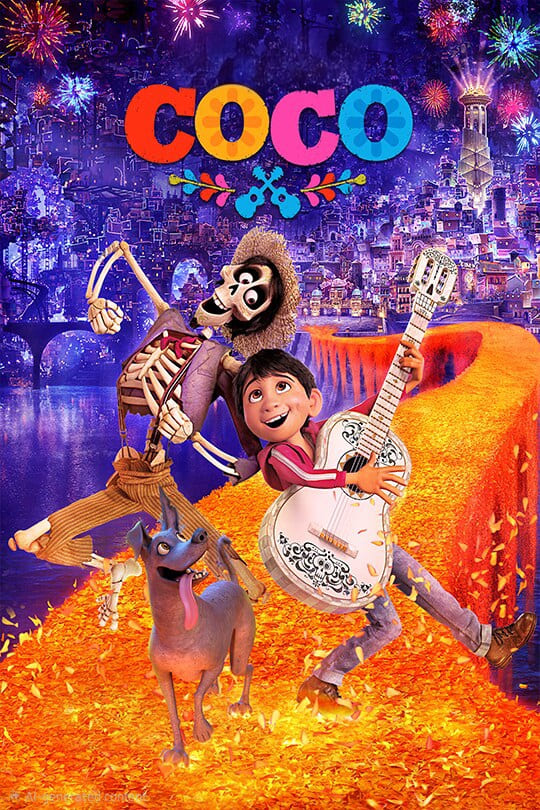 Animated poster for the movie Coco shows a boy playing guitar, a skeleton in a hat dancing, and a happy dog on glowing marigold petals with fireworks and a vibrant city—experience it all on Malta IPTV.