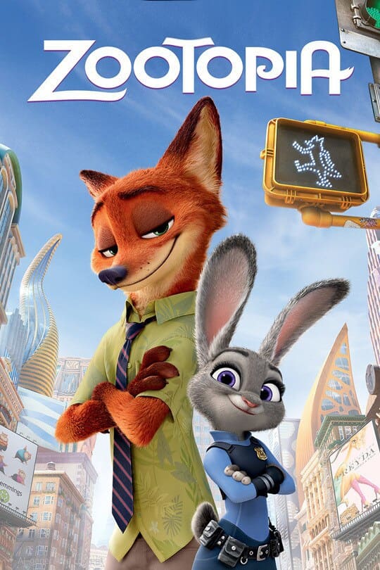 Nick Wilde, a fox in a green shirt and tie, and Judy Hopps, a grey rabbit in a police uniform, stand confidently in the bustling city of Zootopia with the title above them—just like you'd see streaming on Malta IPTV. Buildings and a crosswalk sign are behind them.