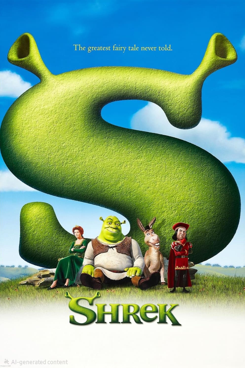 Shrek movie poster featuring a large green S resembling an ogre’s ears, with characters Fiona, Shrek, Donkey, and Lord Farquaad below it. Enjoy this fairy tale classic on Malta IPTV—The greatest fairy tale never told.