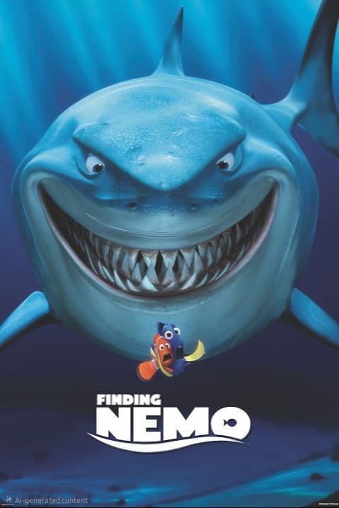 A large, smiling shark looms behind two animated fish, Dory and Marlin, who look startled. The words Finding Nemo appear below them on a blue underwater background, as seen on Malta IPTV.