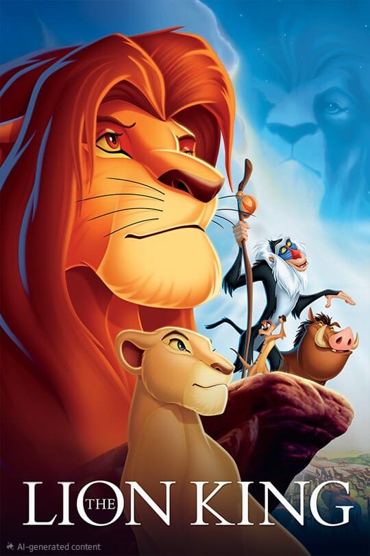 Illustrated poster for The Lion King, featuring a lion with a red mane, a lioness, a mandrill holding a staff, and a warthog on Pride Rock, with Malta IPTV streaming the larger lion face in the sky above them.