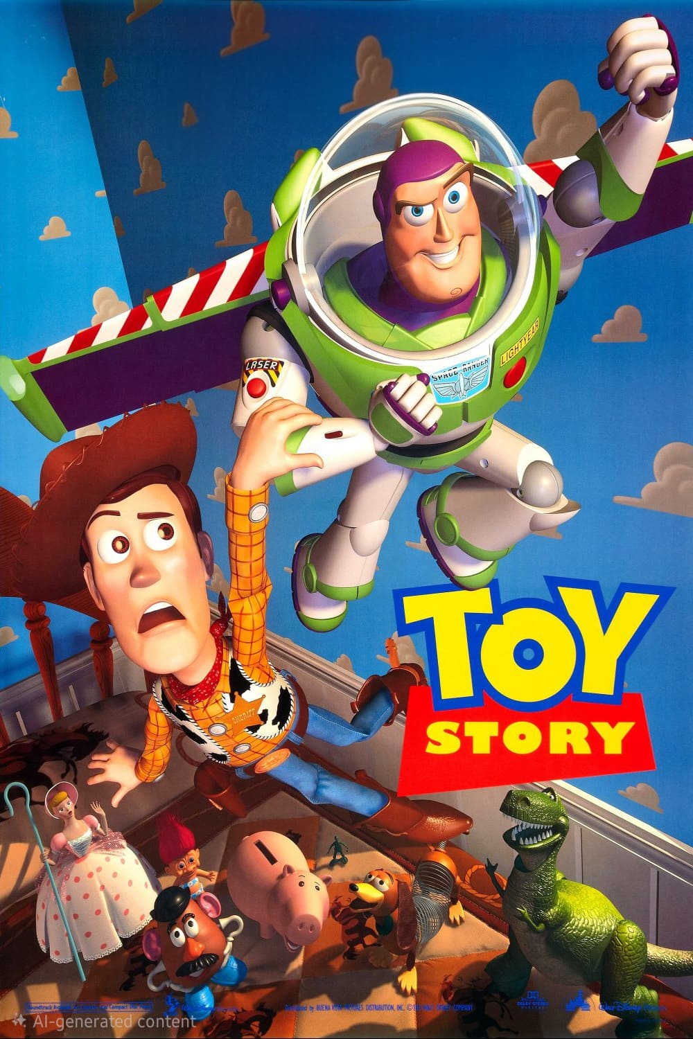 Movie poster for Toy Story featuring Woody, a cowboy doll, and Buzz Lightyear, a space ranger toy, flying above other toys in a child's bedroom, with the Toy Story title in bold yellow letters—now streaming on Malta IPTV.