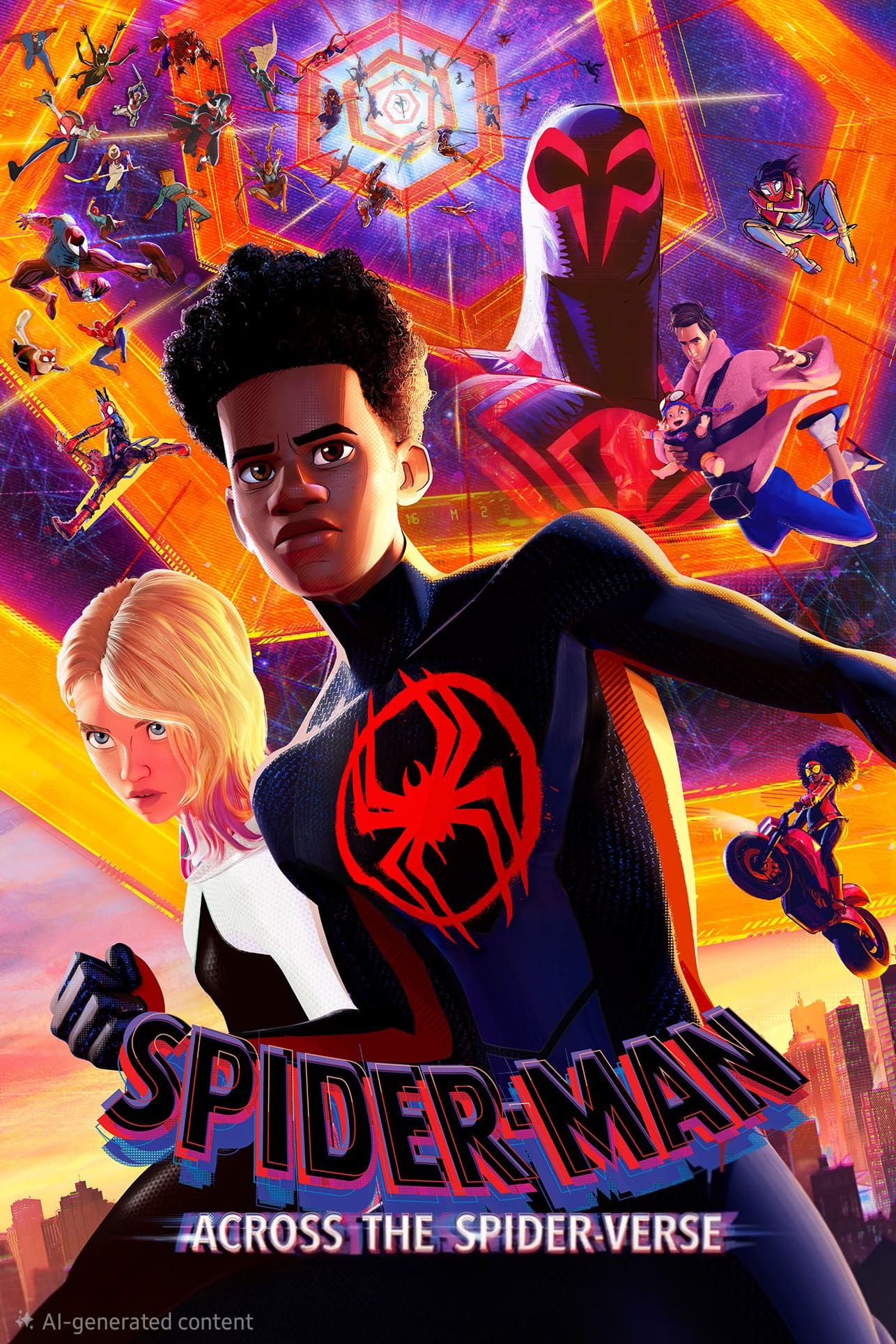 A vibrant poster for Spider-Man: Across the Spider-Verse features multiple Spider-Man characters, including Miles Morales and Gwen Stacy, with web patterns and portals in the colorful background—perfect for fans streaming on Malta IPTV.