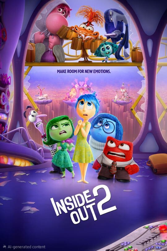 Movie poster for Inside Out 2 featuring animated characters Joy, Sadness, Anger, Fear, and Disgust, plus new emotions above them. The tagline reads Make room for new emotions. Enjoy the excitement on Malta IPTV.