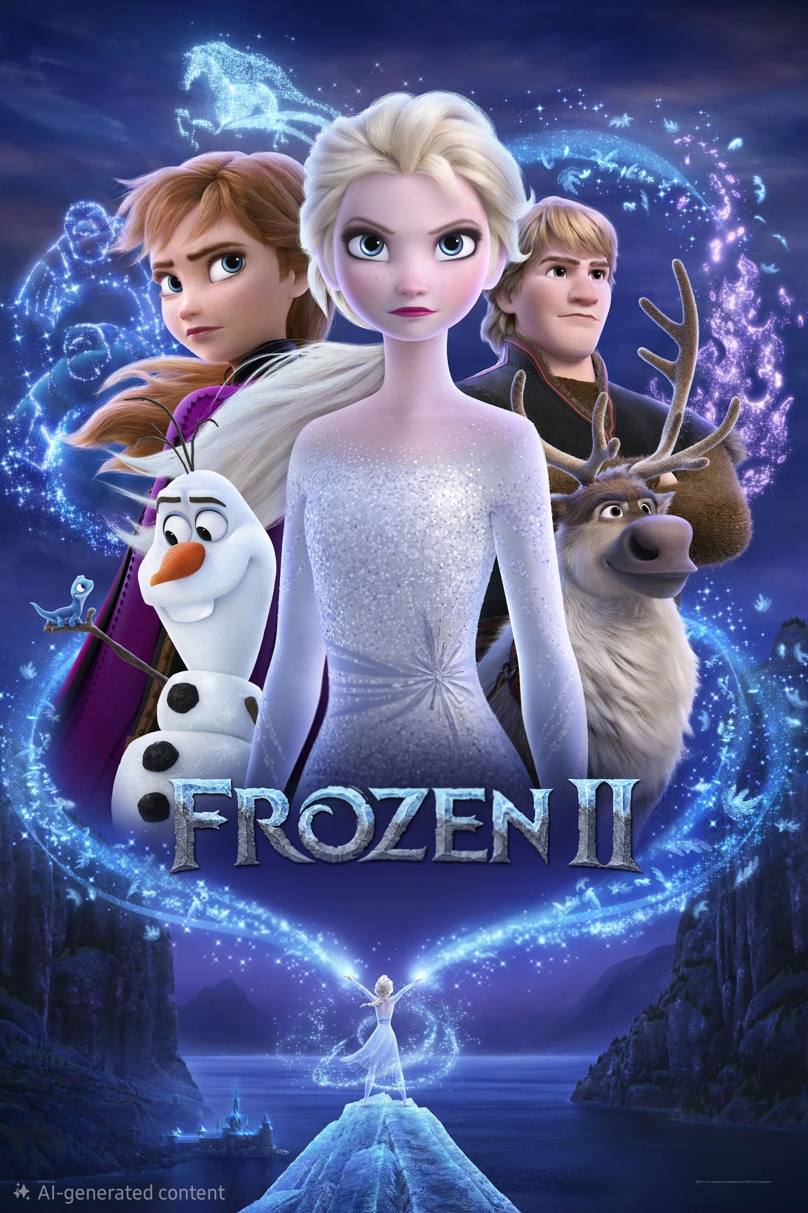 Movie poster for Frozen II featuring animated characters Elsa in the center, Anna to her left, Kristoff and Sven the reindeer to her right, and Olaf the snowman in front. Magical designs with the title Frozen II—a favorite on Malta IPTV—are displayed.