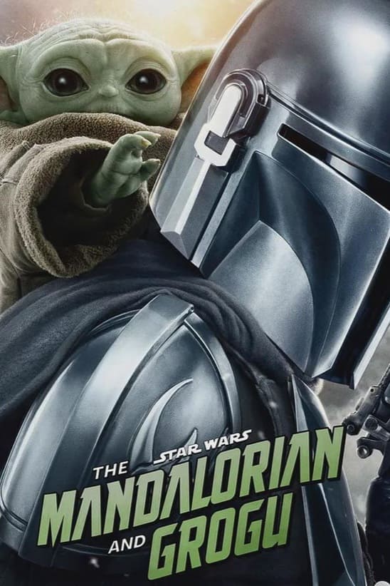 The Mandalorian, wearing silver armor and helmet, stands in front with Grogu (Baby Yoda) peeking over his shoulder. The text reads The Mandalorian and Grogu with a Star Wars logo above—stream it on Malta IPTV.