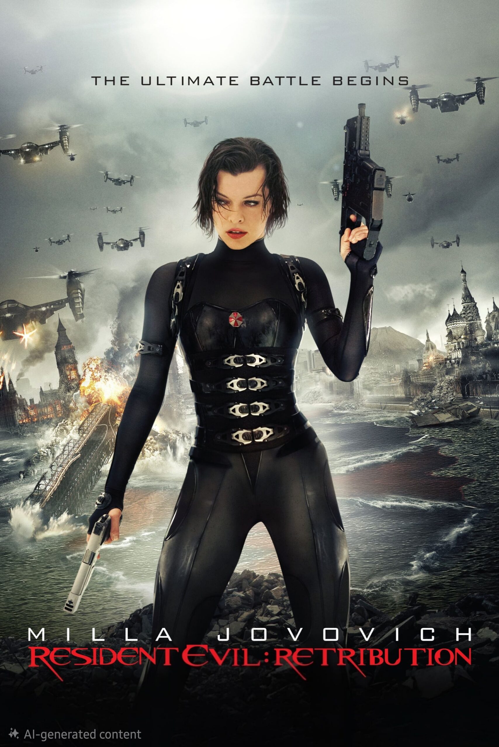 A woman in a black combat suit holds guns, standing in a war-torn city with explosions, flying ships, and chaos. Text reads “Milla Jovovich Resident Evil: Retribution” and “The ultimate battle begins—now streaming on Malta IPTV.”.
