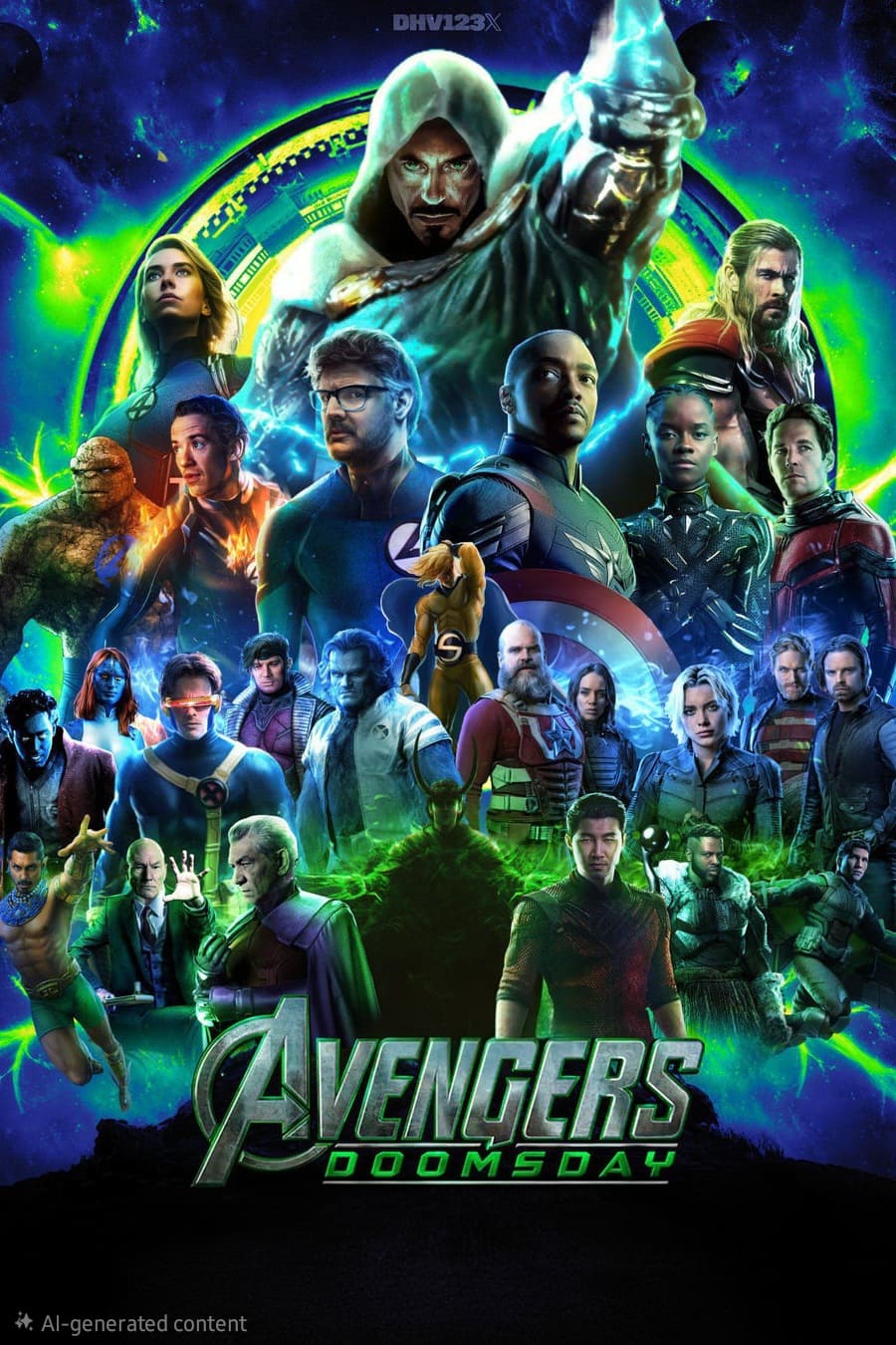 A vibrant, fan-made Avengers: Doomsday poster featuring numerous Marvel superheroes and villains against a cosmic, green and blue background with the title “Avengers Doomsday” at the bottom—perfect for fans streaming on Malta IPTV.