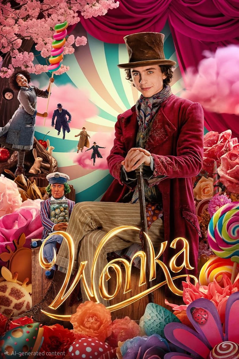 A whimsical, colorful movie poster for Wonka features a young man in a top hat and burgundy coat, surrounded by oversized candies and fantastical characters—perfect for enjoying with friends on Malta IPTV against a vibrant, circus-like backdrop.