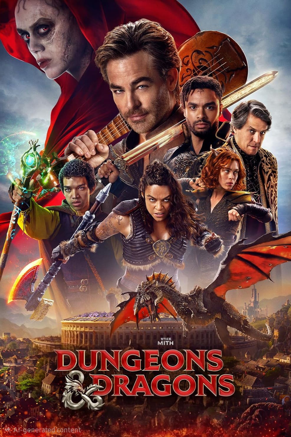 Movie poster for Dungeons & Dragons: Honor Among Thieves, now available on Malta IPTV, showing a group of diverse, armed heroes, a red-robed villain, a dragon, and a fantasy city backdrop, with the movie title at the bottom.