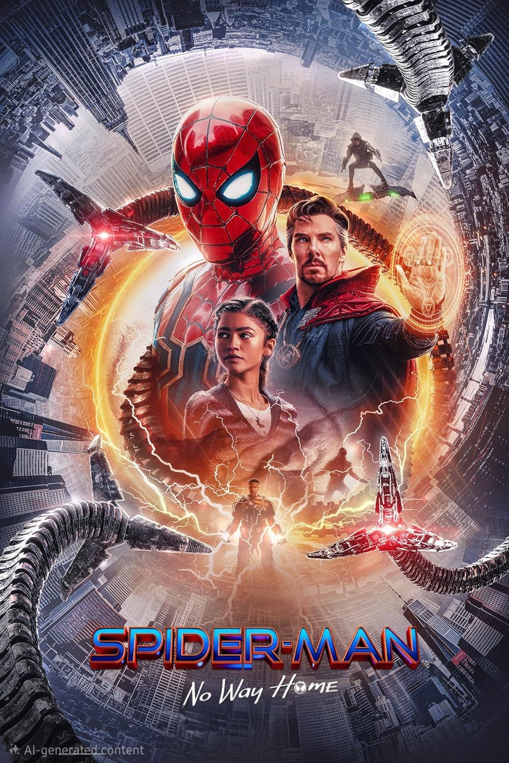 Movie poster for Spider-Man: No Way Home featuring Spider-Man in costume, Doctor Strange casting a spell, and a woman between them. Mechanical arms and city buildings surround them with a glowing orange ring—stream on Malta IPTV.