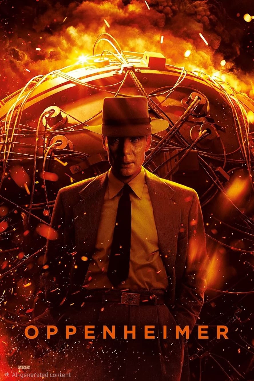A man in a suit and fedora stands before a fiery atomic bomb explosion, tangled wires and sparks at his feet. The word OPPENHEIMER appears below in bold letters, reminiscent of a Malta IPTV cinematic experience.