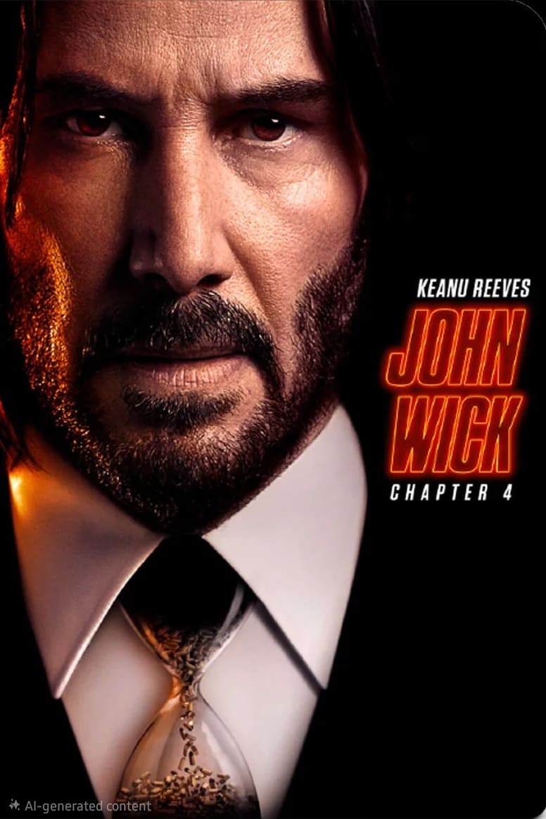 A close-up of a serious man with long hair and a beard in a suit and tie. Text next to him reads: Keanu Reeves John Wick Chapter 4 in bold red and orange letters, streaming now on Malta IPTV against a dark background.