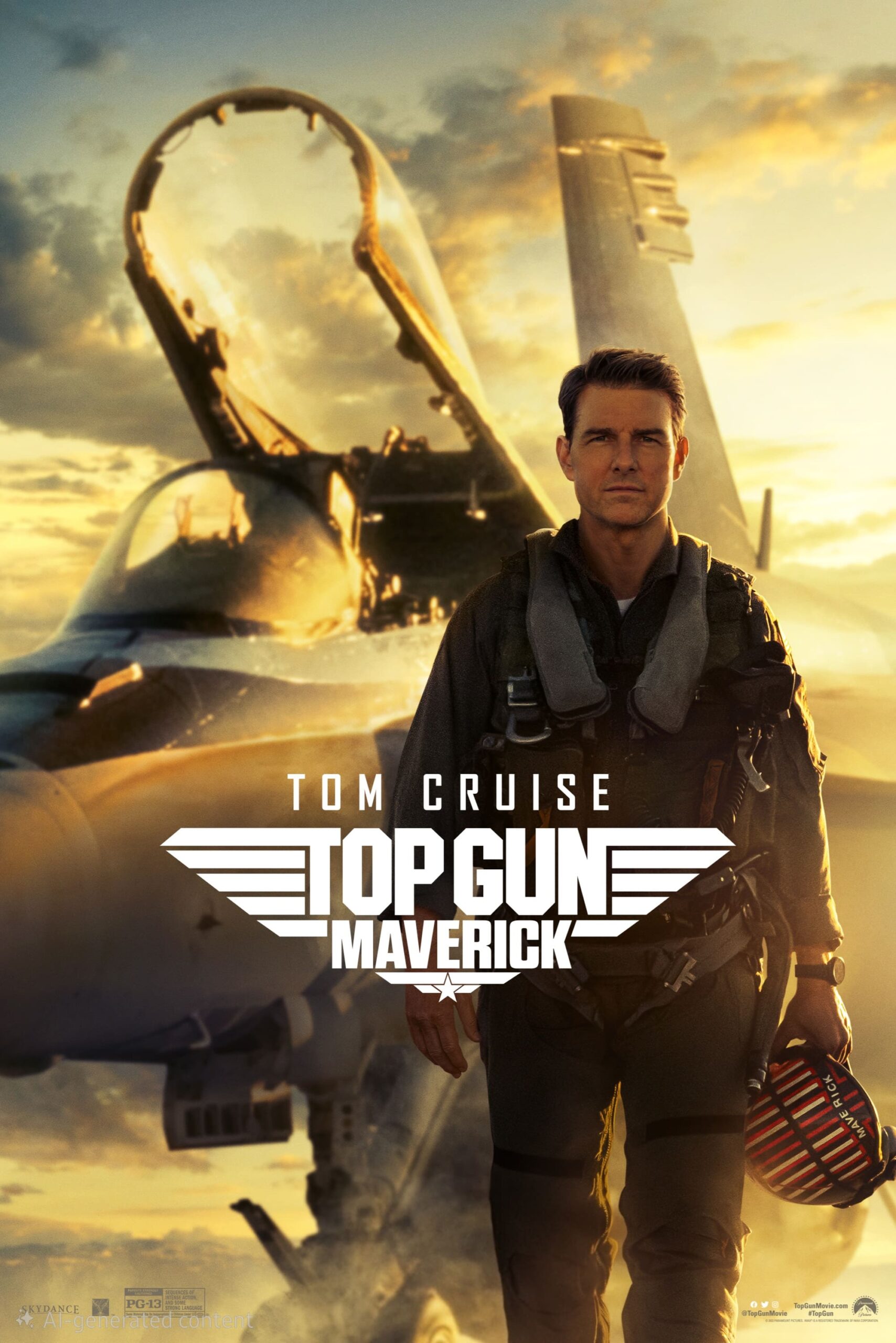Poster for Top Gun: Maverick shows a fighter jet in the background and a pilot in a flight suit with helmet in hand, standing confidently. Sunlight and clouds fill the sky. Watch on Malta IPTV. The movie title and actor’s name are displayed.