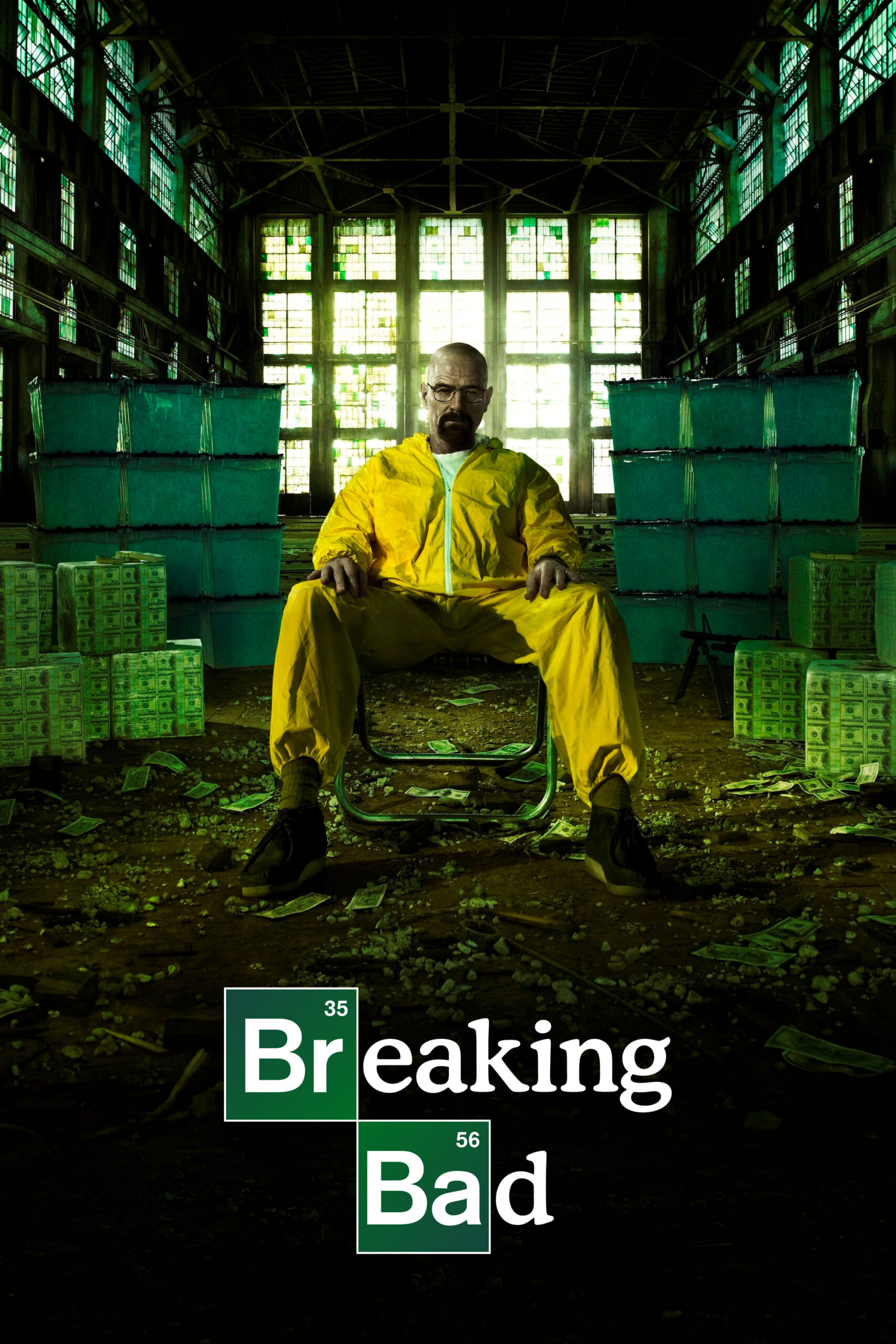 A man in a yellow hazmat suit sits on a chair in a dimly lit warehouse surrounded by stacks of money, with Breaking Bad at the bottom—just like scenes you might catch on Malta IPTV.