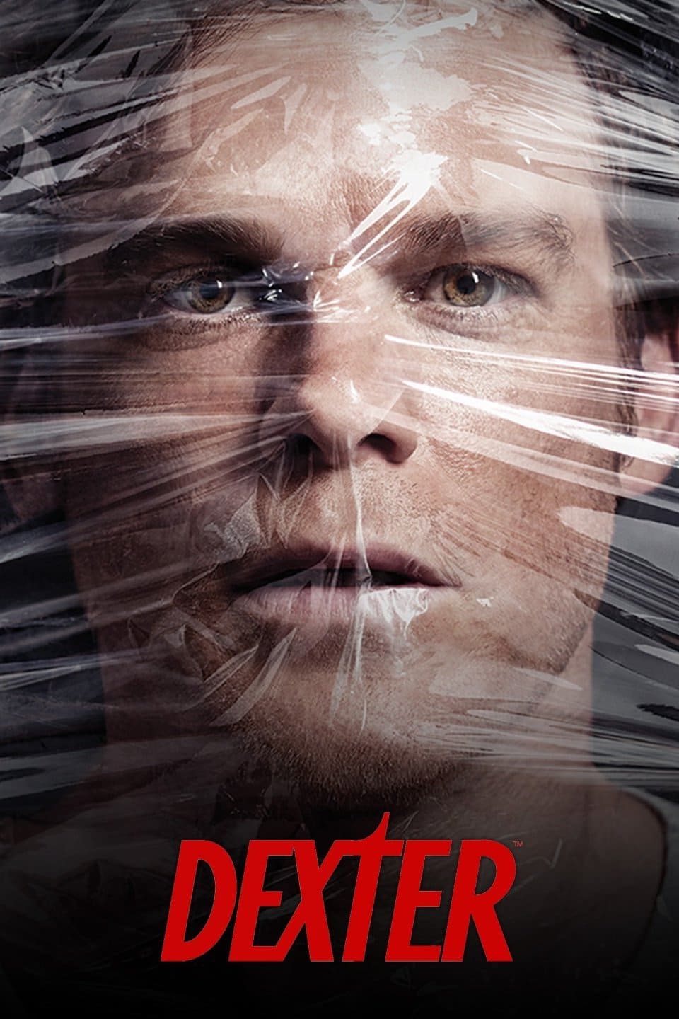 A close-up of a man’s face pressed against clear plastic wrap, with a serious expression. The word “DEXTER” appears in bold red letters at the bottom, while a subtle Malta IPTV logo is visible in the background.