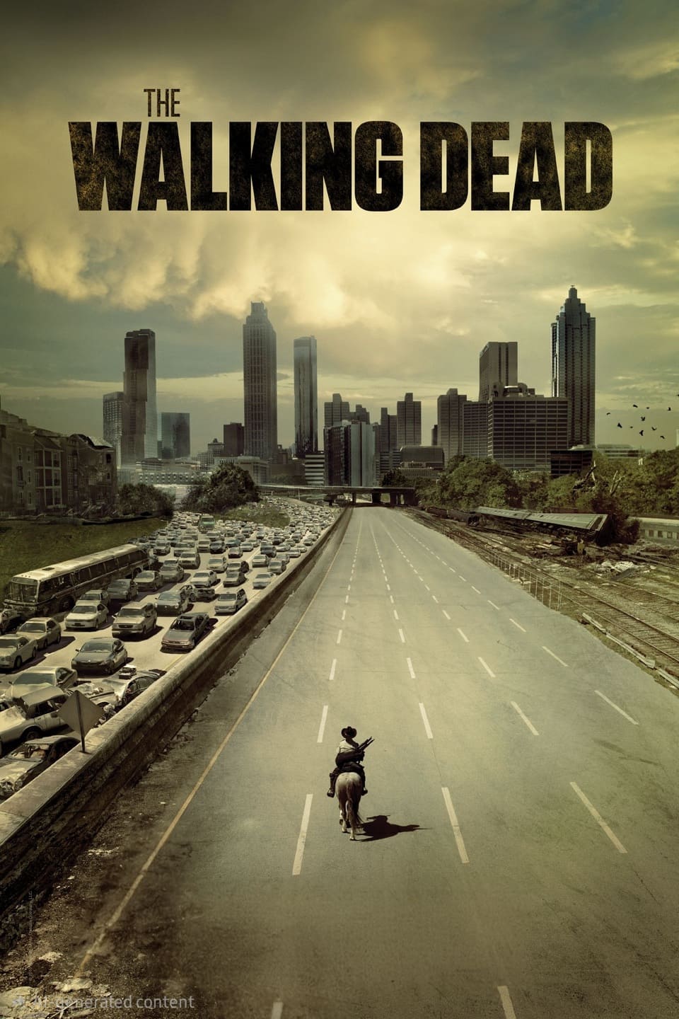 A lone person on horseback rides down an empty highway toward a city skyline, while the opposite side of the road is packed with abandoned cars. The words The Walking Dead appear at the top against a cloudy sky, streaming now on Malta IPTV.