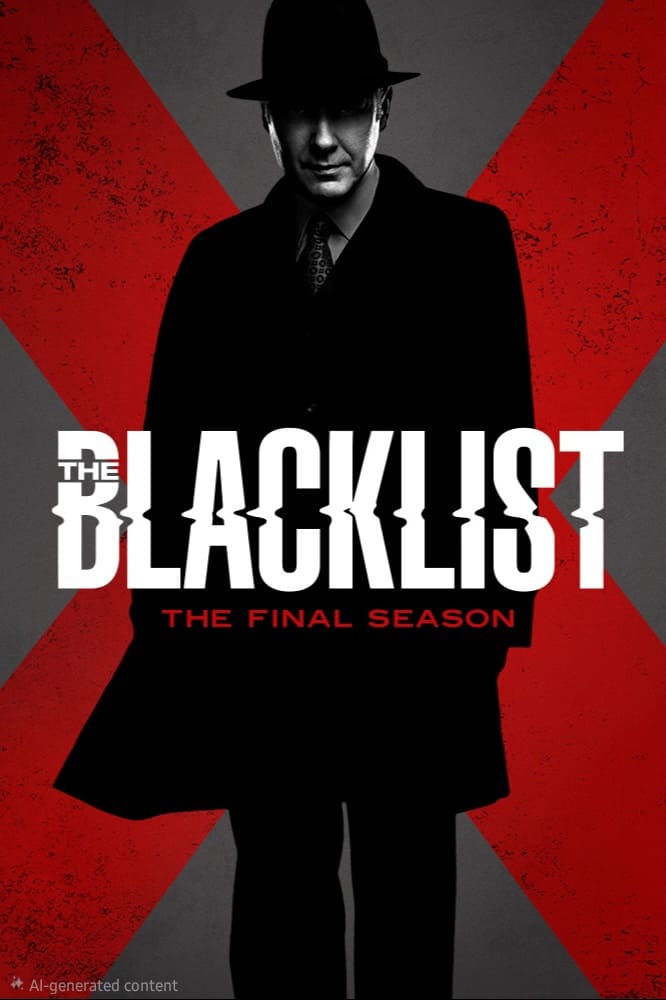 A shadowy figure in a hat and coat stands before a large red X with The Blacklist: The Final Season text—stream it live on Malta IPTV. The background is gray, and the figure’s face is partly in shadow.