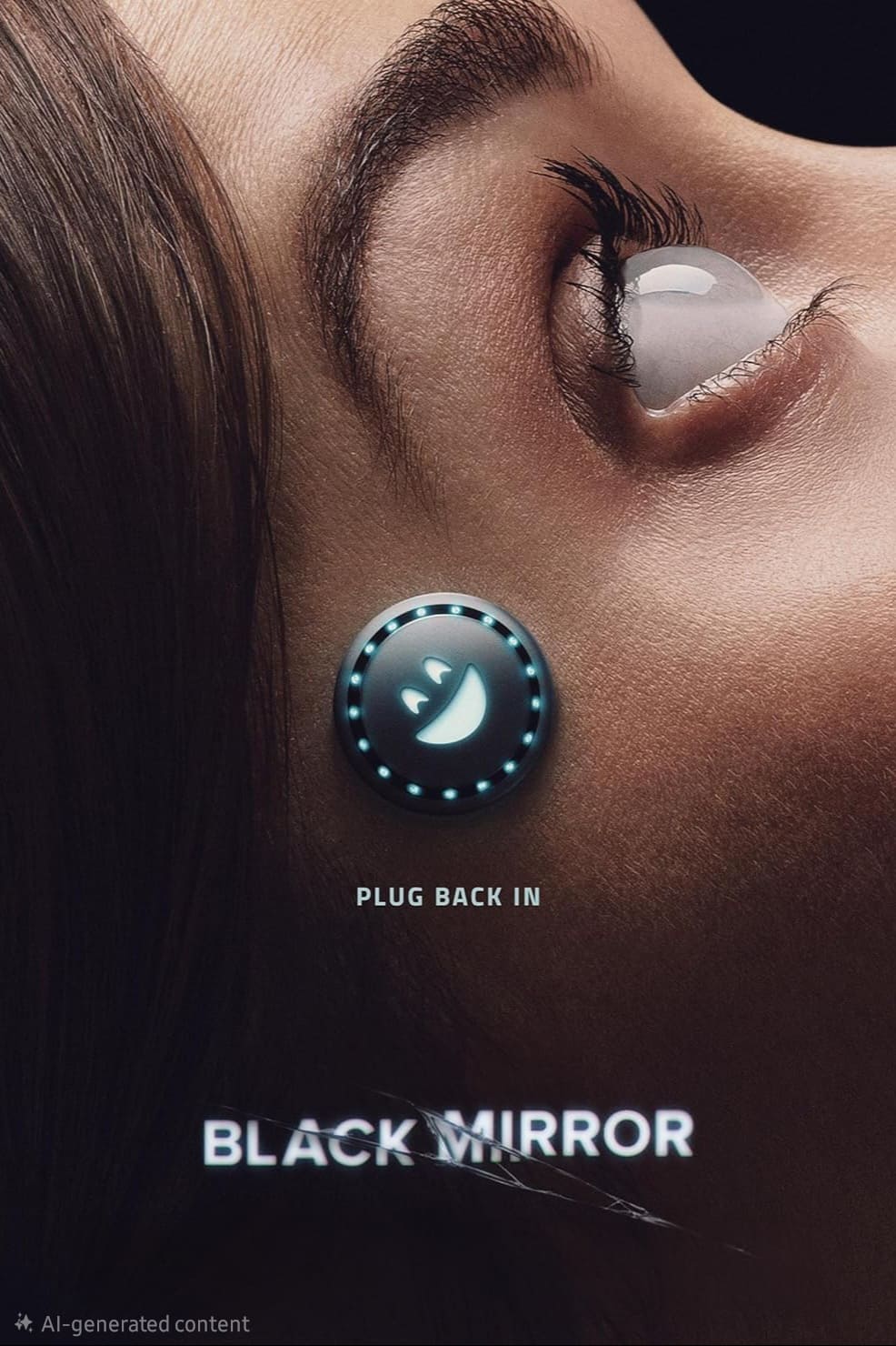 Close-up of a woman's face lying sideways with a glowing, digital smiley face device at her temple. The text reads “Plug Back In” and “Black Mirror” with a cracked effect on the title, hinting at Malta IPTV’s tech-driven world.