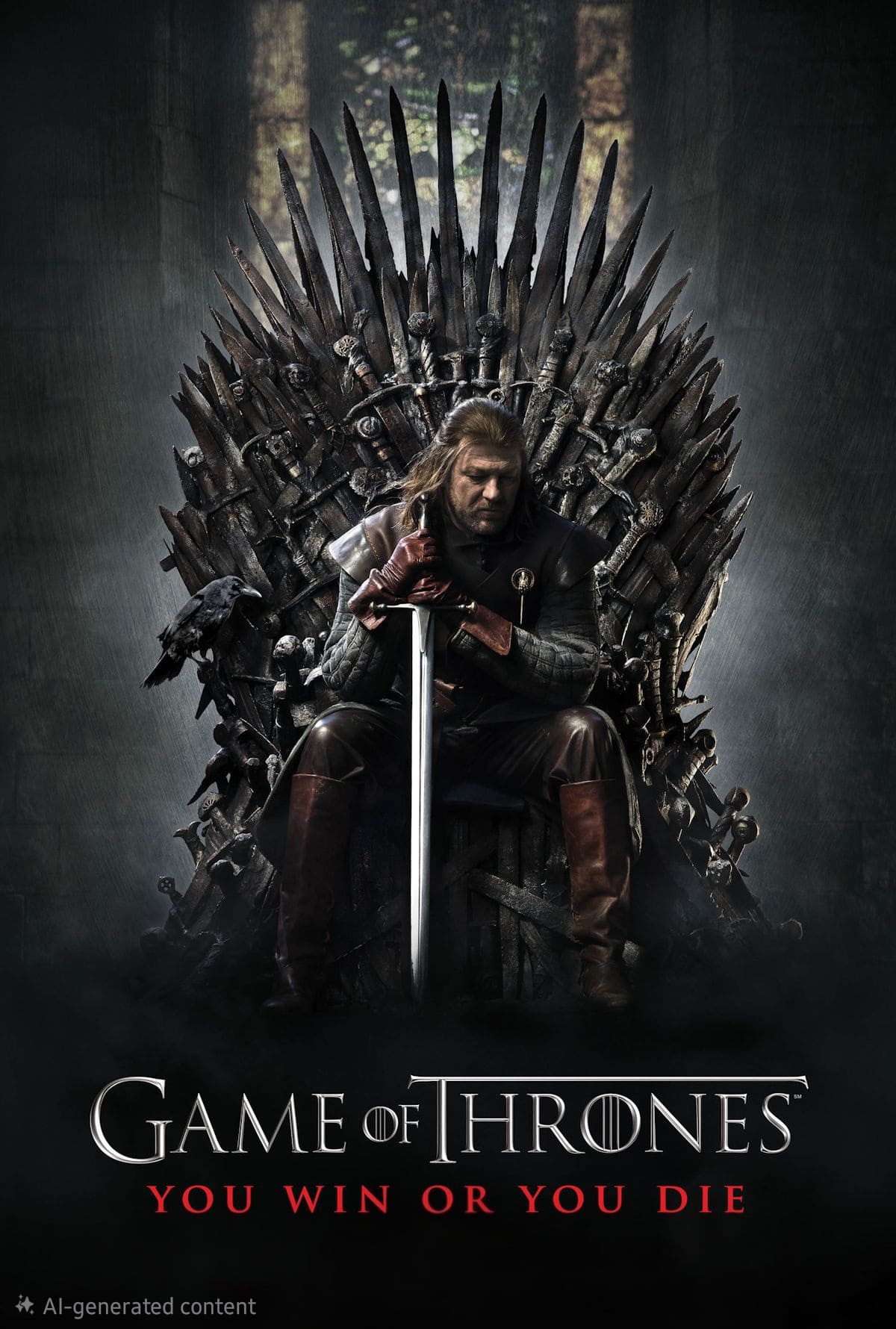 A man sits on a throne made of swords, holding a large sword. The background is dark and dramatic. Text below reads: Game of Thrones on Malta IPTV. You win or you die.