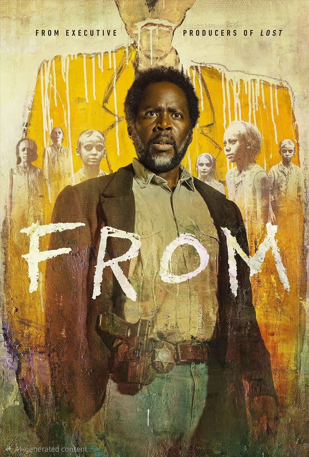 A man stands in front of eerie, ghostly figures against a yellow, distressed background. The large white text FROM is across the image. Text above reads, From executive producers of LOST. Stream it now on Malta IPTV for a chilling experience.
