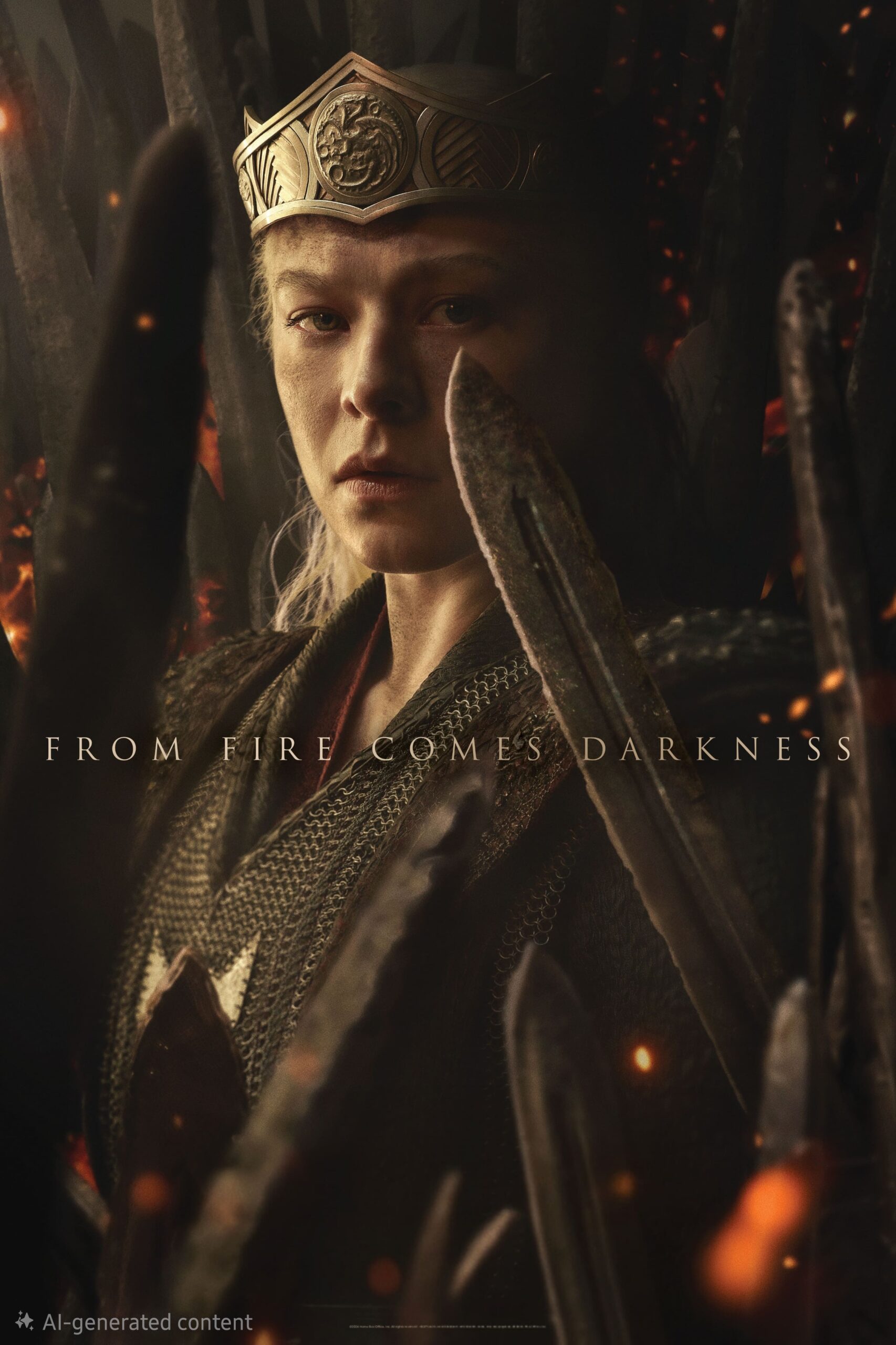 A woman wearing a crown and medieval armor sits on a dark, jagged throne with fiery embers around her. Text across the image reads FROM FIRE COMES DARKNESS. The intense mood evokes the power of Malta IPTV drama.