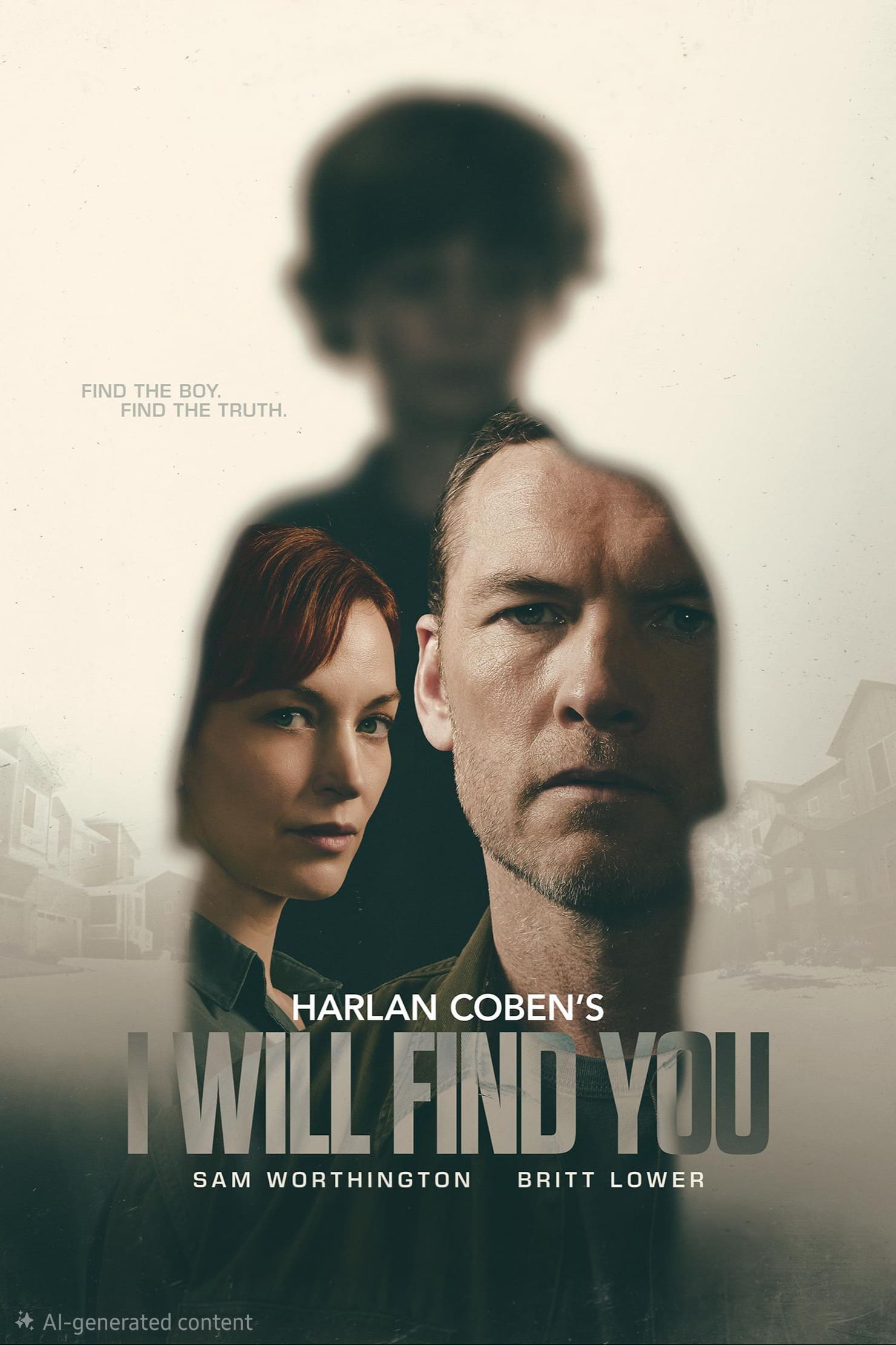 Poster for Harlan Coben’s I Will Find You featuring a man and woman inside the silhouette of a boy. Tagline reads, Find the boy. Find the truth. Actors Sam Worthington and Britt Lower are listed—now streaming on Malta IPTV.