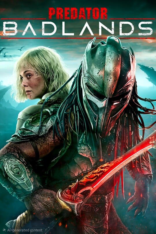 A woman with blonde hair stands back-to-back with a menacing armored alien wielding a glowing red weapon. The title Predator: Badlands appears at the top against a dramatic landscape, hinting at an epic battle streaming soon on Malta IPTV.