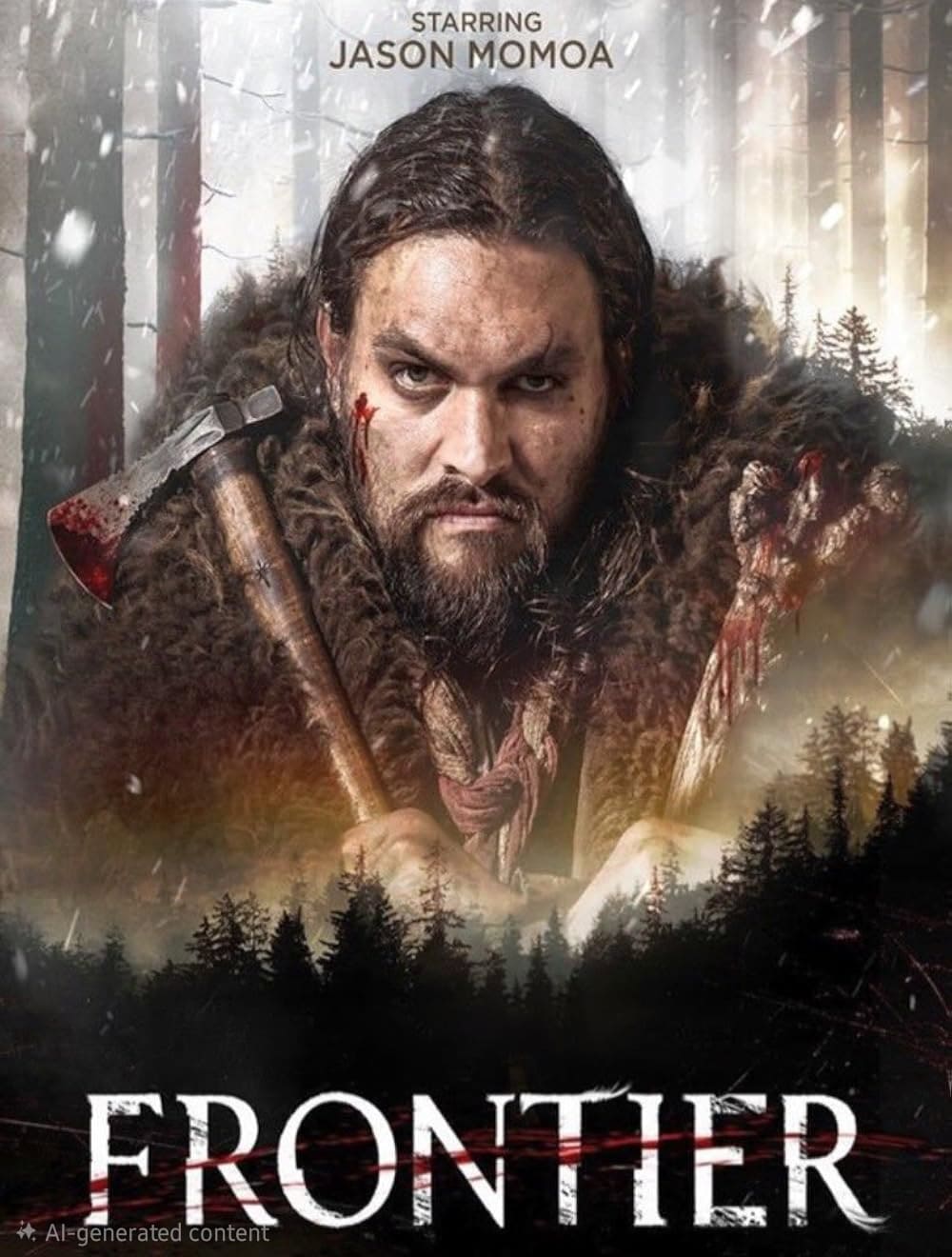 A fierce man with long hair and a fur cloak holds a bloody axe against a snowy forest backdrop. Text above reads Starring Jason Momoa, while below the title Frontier appears in bold white letters—now streaming on Malta IPTV.