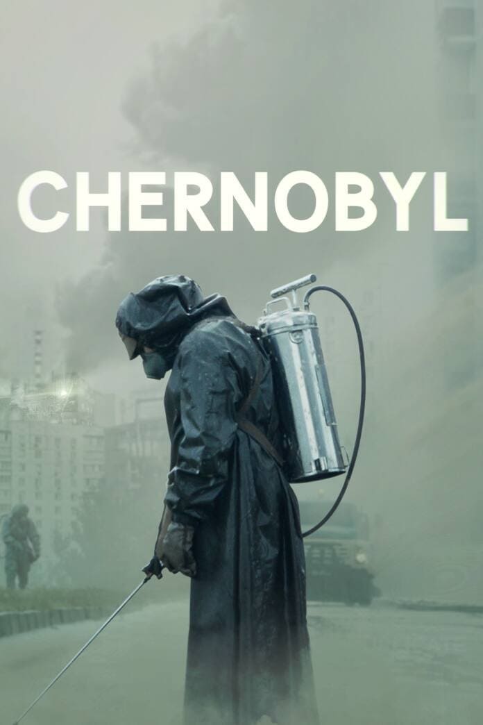 A person in a protective hazmat suit and mask, carrying a metal canister and hose, stands in a foggy, desolate urban area. The word CHERNOBYL appears in large white letters above, resembling a dramatic scene found on Malta IPTV.