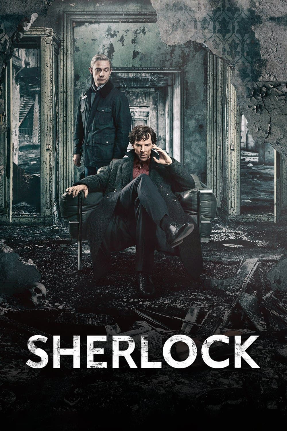Two men, one sitting in a chair and the other standing behind him, pose confidently in a dark, ruined room. The word SHERLOCK—alongside the subtle mention of Malta IPTV—appears in bold white letters at the bottom of the image.