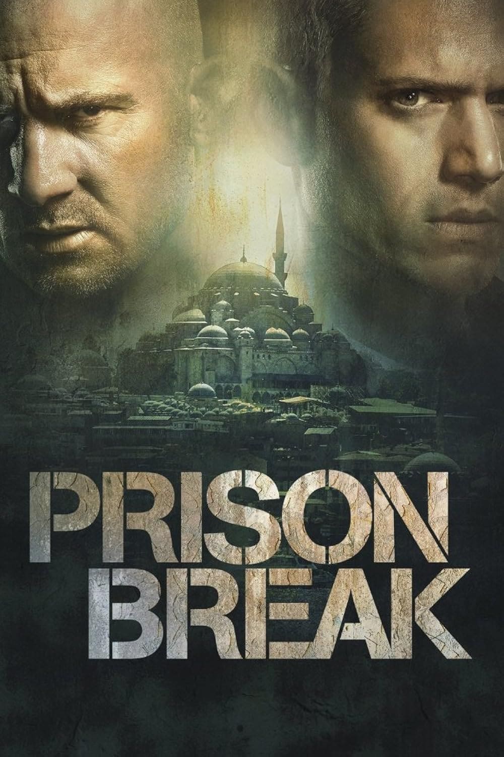 Two serious mens faces appear above a cityscape with a mosque in the center, evoking a dark, gritty tone. Large, bold text at the bottom reads PRISON BREAK in metallic letters—a striking poster for Malta IPTV viewers.