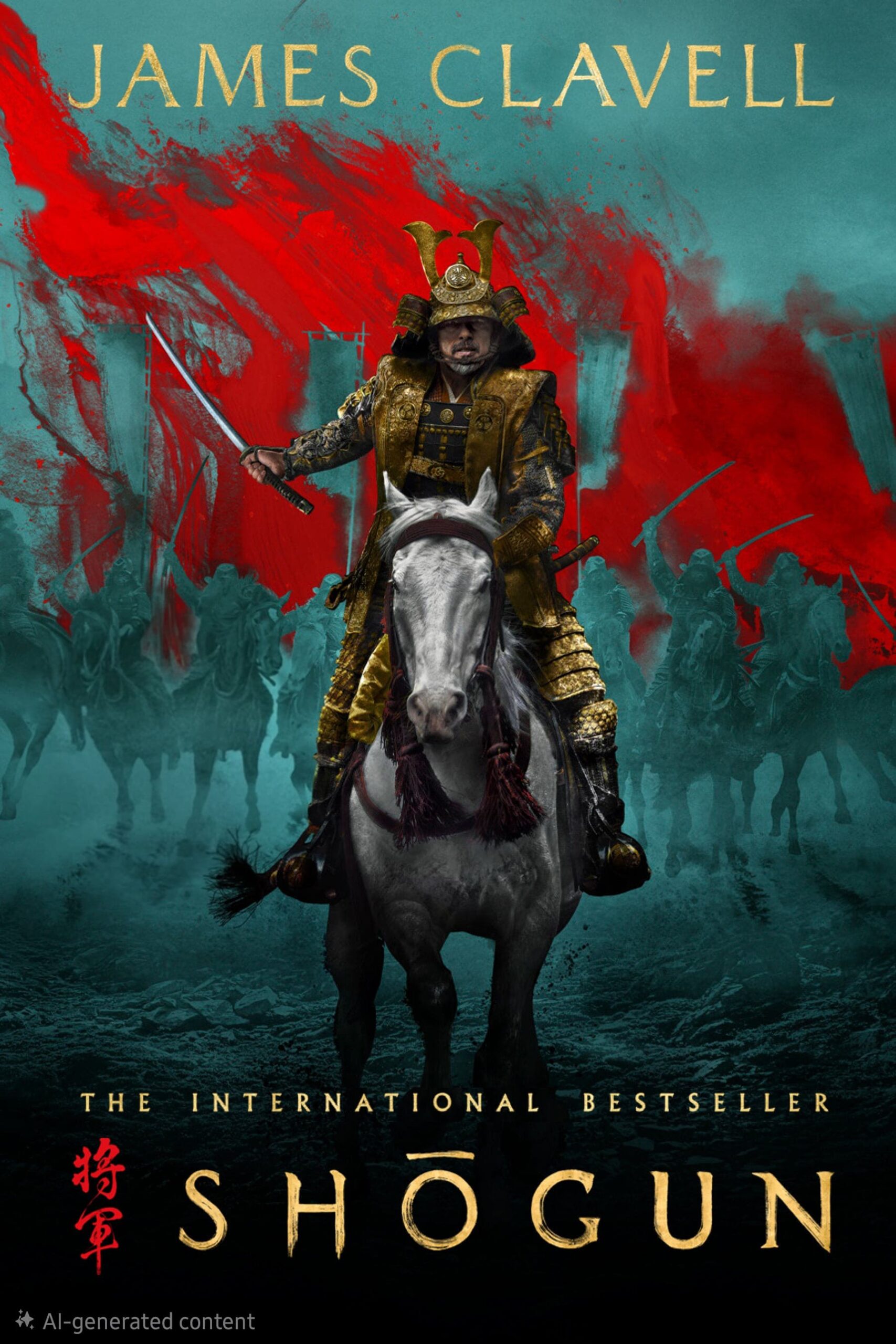 A samurai in ornate armor rides a white horse, sword raised, with warriors and red brushstroke patterns behind him. Text reads James Clavell, The International Bestseller, and Shogun with Japanese characters—stream now on Malta IPTV.