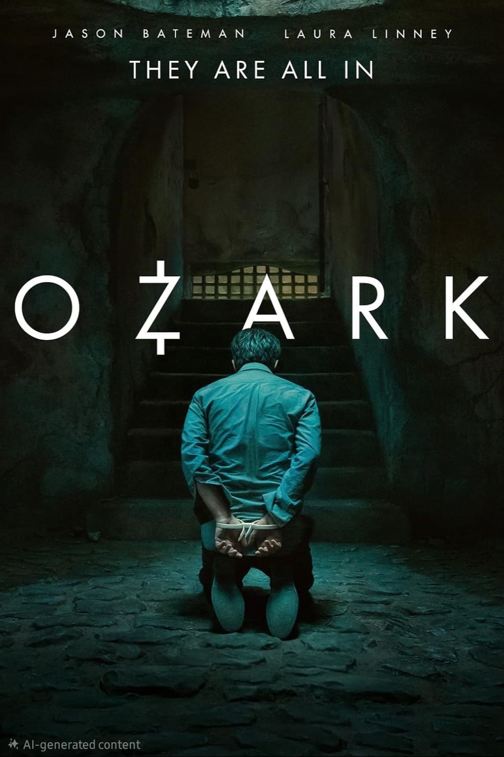 A man kneels with his hands tied behind his back in a dark, stone cell. Light from a barred window casts shadows. The word OZARK and actors' names appear above, along with the tagline "They Are All In"—now streaming on Malta IPTV.