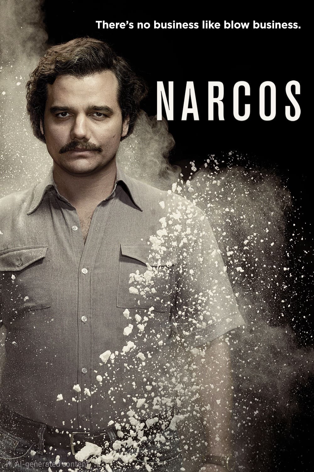 A man with a mustache stands amid a cloud of white powder, blending into his shirt, with the text Theres no business like blow business and Narcos above him on a dark background, reminiscent of dramatic Malta IPTV shows.