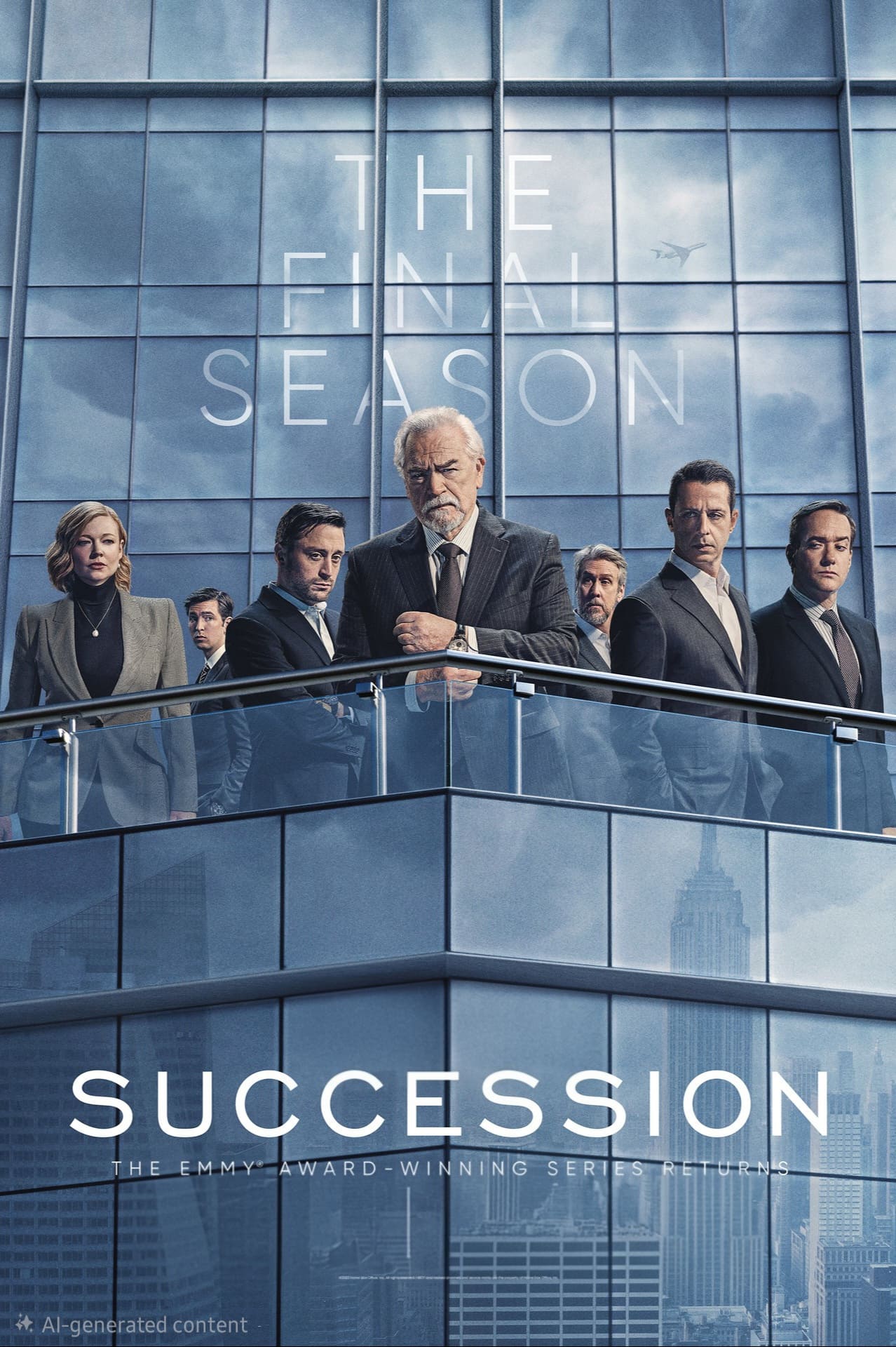 Seven formally dressed people stand on a balcony against a backdrop of glass skyscrapers. Text above them reads The Final Season and below, Succession The Emmy Award-Winning Series Returns, now streaming on Malta IPTV.