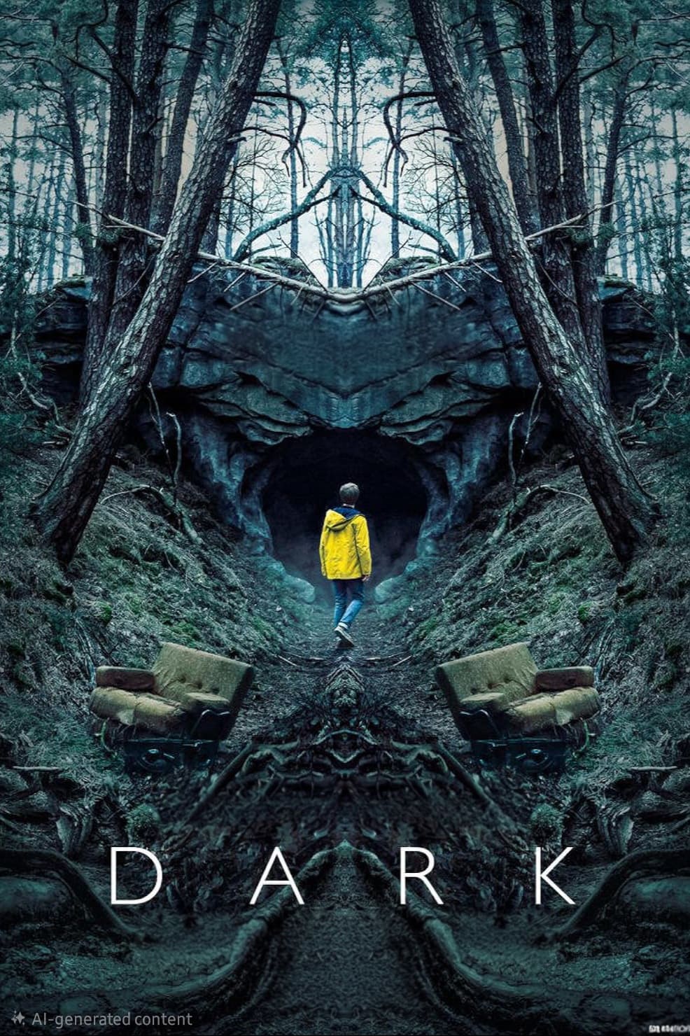 A person in a yellow raincoat stands at the entrance of a dark cave in a dense, eerie forest, two old chairs on either side. A mirrored effect enhances the mystery, with “DARK” and Malta IPTV displayed at the bottom.