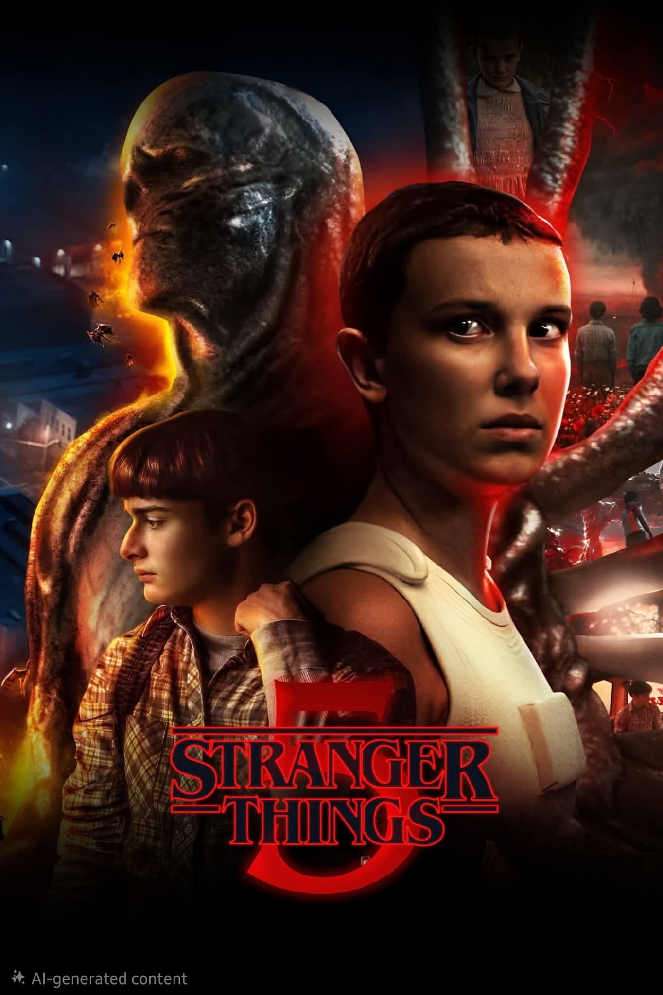 A dramatic poster for Stranger Things features a girl with short hair in the foreground, a teenage boy behind her, and a menacing monster looming—spooky red lighting and show scenes complete this look, perfect for fans streaming on Malta IPTV.