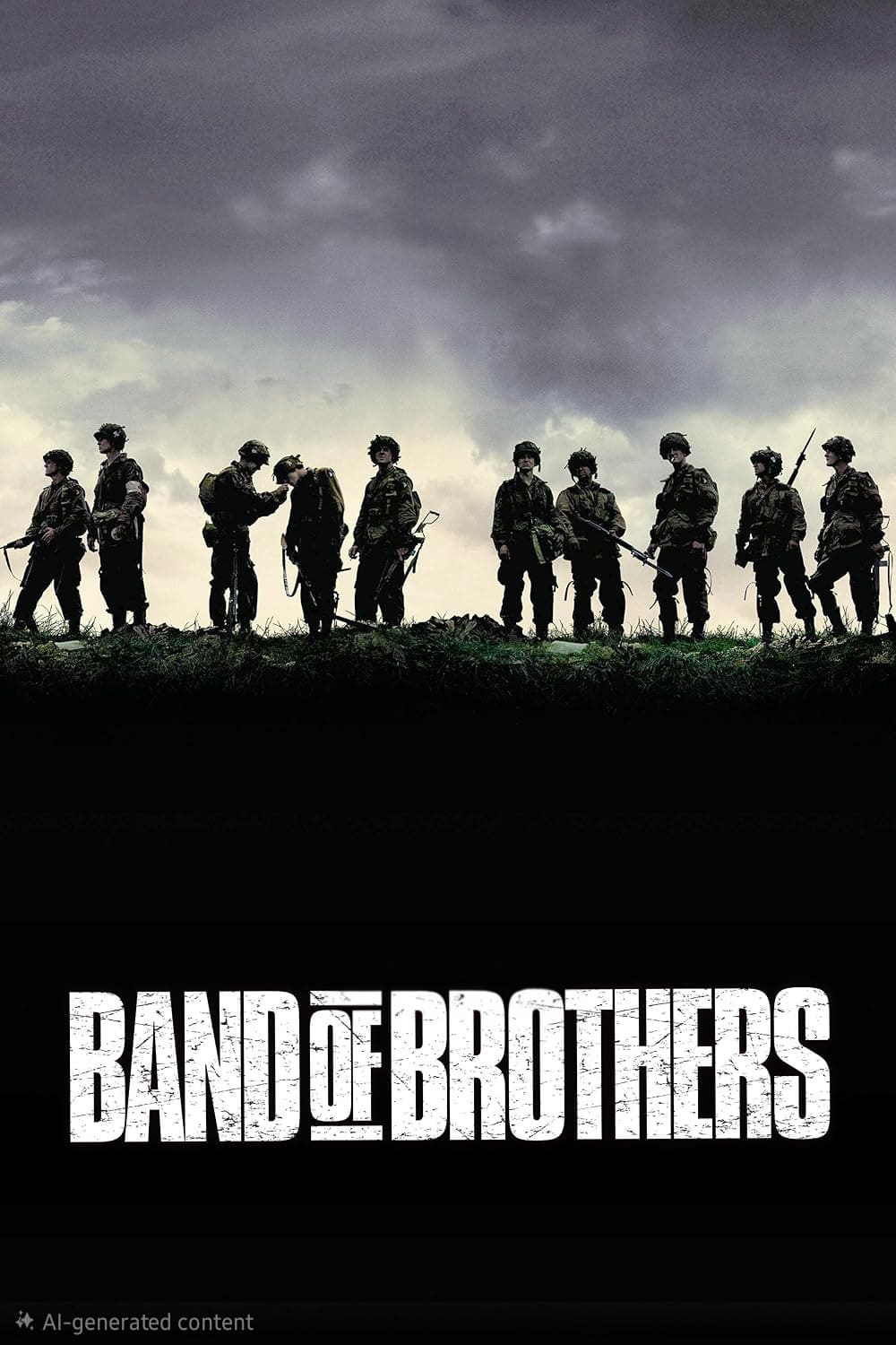 Silhouetted soldiers stand in a row on a grassy hill under a cloudy sky. Below them, Band of Brothers is written in bold white text against a black background, perfect for streaming on Malta IPTV.
