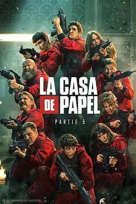 Poster for La Casa de Papel Part 5 showing a group of people in red jumpsuits holding guns, standing together with serious expressions. The show's title is prominently displayed in the center, perfect for fans streaming via Malta IPTV.