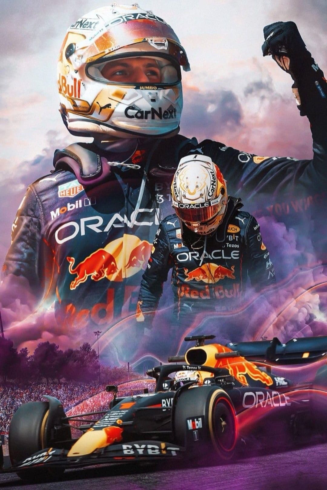 A dynamic collage of a Formula 1 driver in a Red Bull Racing suit, raising a fist in celebration, superimposed with a race car and cheering crowd, all bathed in dramatic lighting—capturing the excitement of motorsport as seen on Malta IPTV.